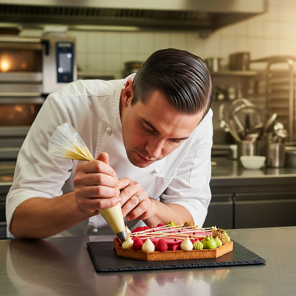 Antoine Lazare, pastry chef, carefully piping a contemporary patisserie creation, deep concentration, professional kitchen backdrop, warm golden light, editorial food photography, intimate and skilled