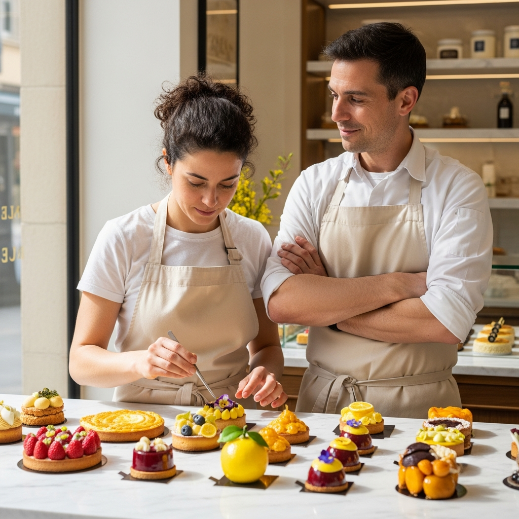 Portrait of a husband and wife artisan pastry chef duo in their Lyon patisserie kitchen, wearing white chef coats, warm natural light, intimate and professional, editorial food and lifestyle photography