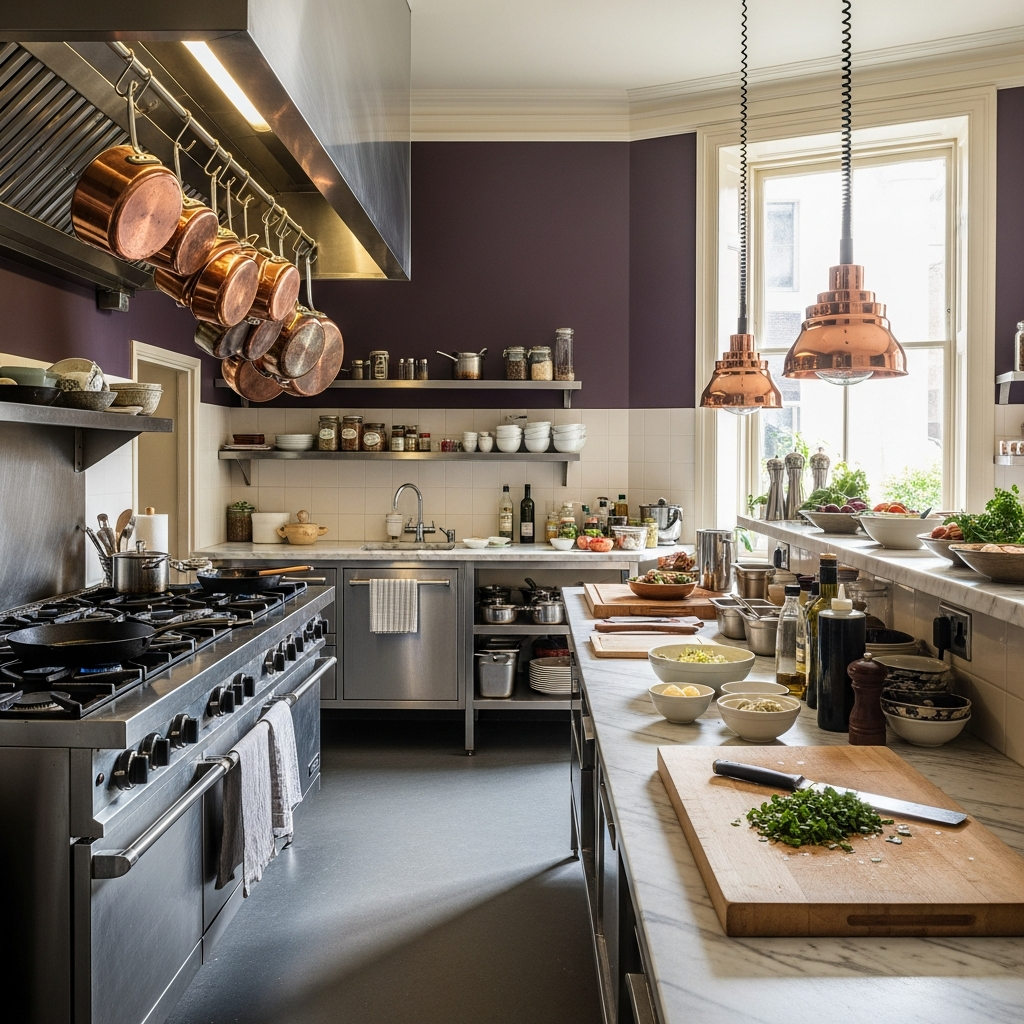 Full view of the Maison Lazare professional kitchen, marble worktops, copper pots hanging, warm cream and deep aubergine walls, natural morning light streaming in, professional yet intimate scale, editorial food magazine photography