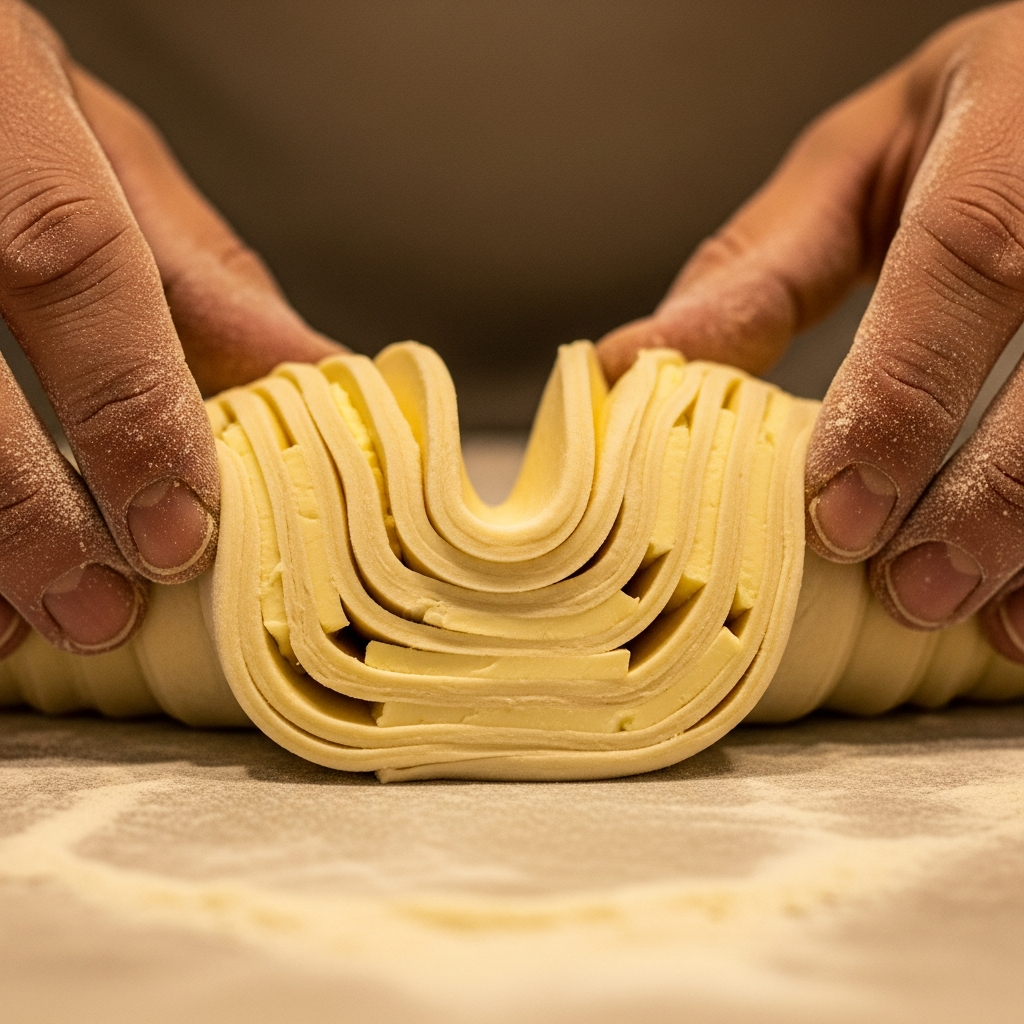 Close-up of croissant laminage in progress, layers of butter-rich dough being folded, flour dusted hands, intense focus, warm tones, documentary style