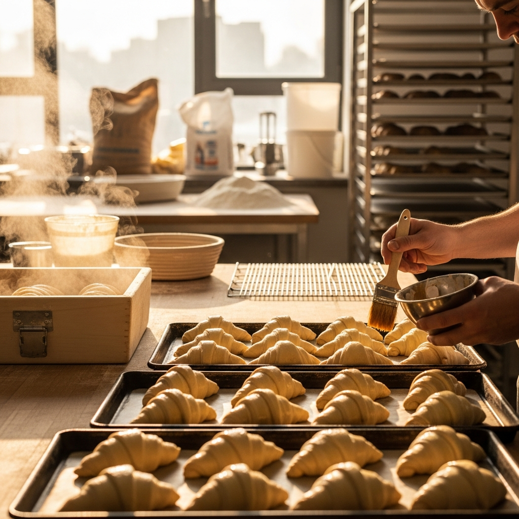Early morning preparation in the atelier, trays of croissants being brushed with egg wash before baking, the quiet before the rush, warm ambient light, editorial photography