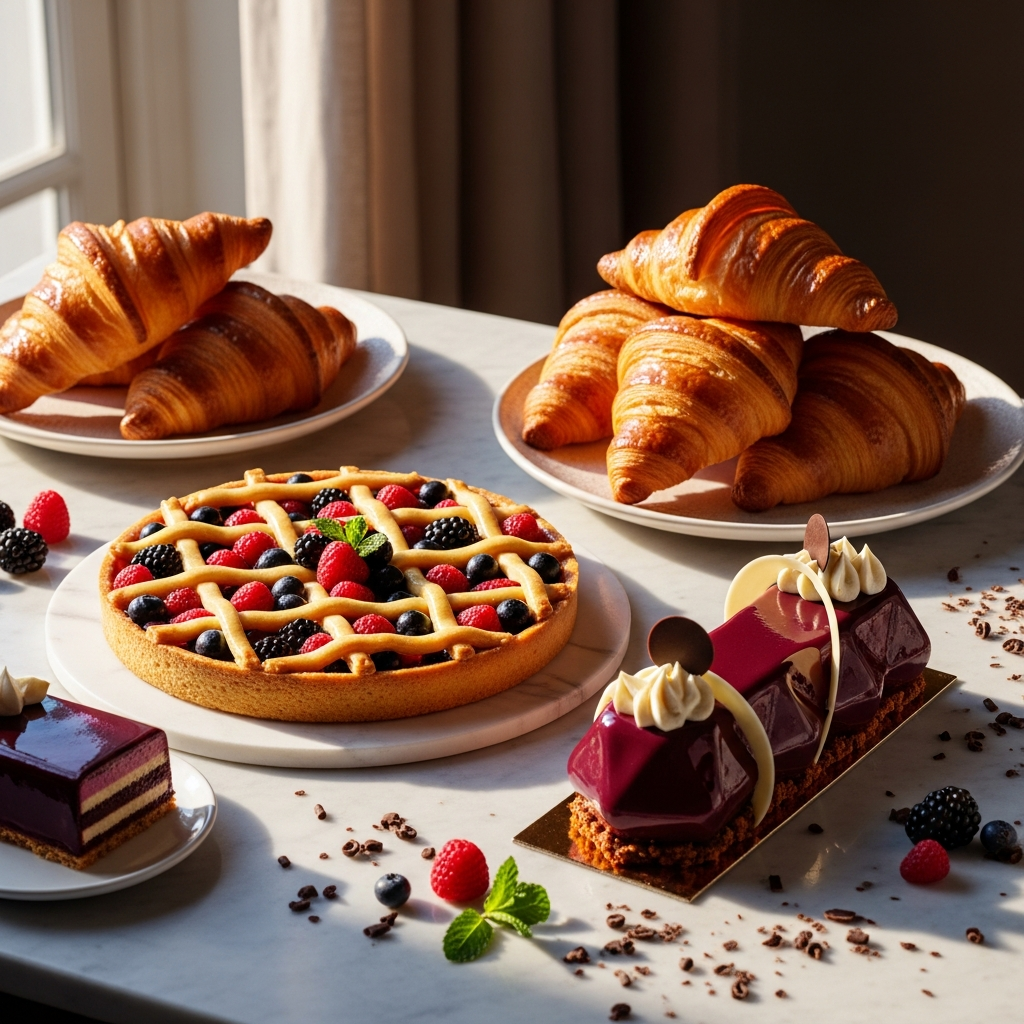 Close-up of skilled hands shaping golden croissant dough on a marble surface, dramatic studio lighting, aubergine and cream tones, editorial French patisserie atmosphere
