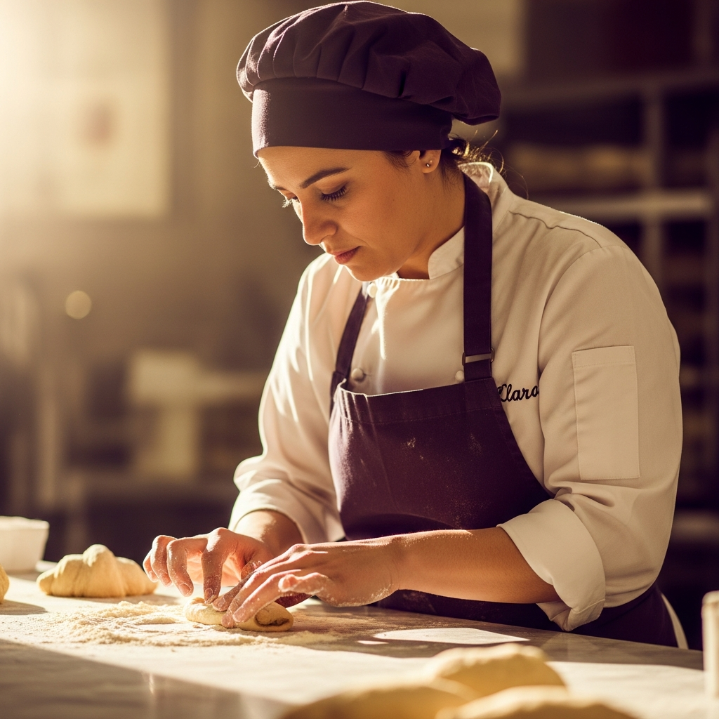 Clara Lazare, pastry chef, working at a marble surface in soft morning light, focused expression, flour dusted hands shaping delicate viennoiserie, warm cream and aubergine tones, intimate documentary style
