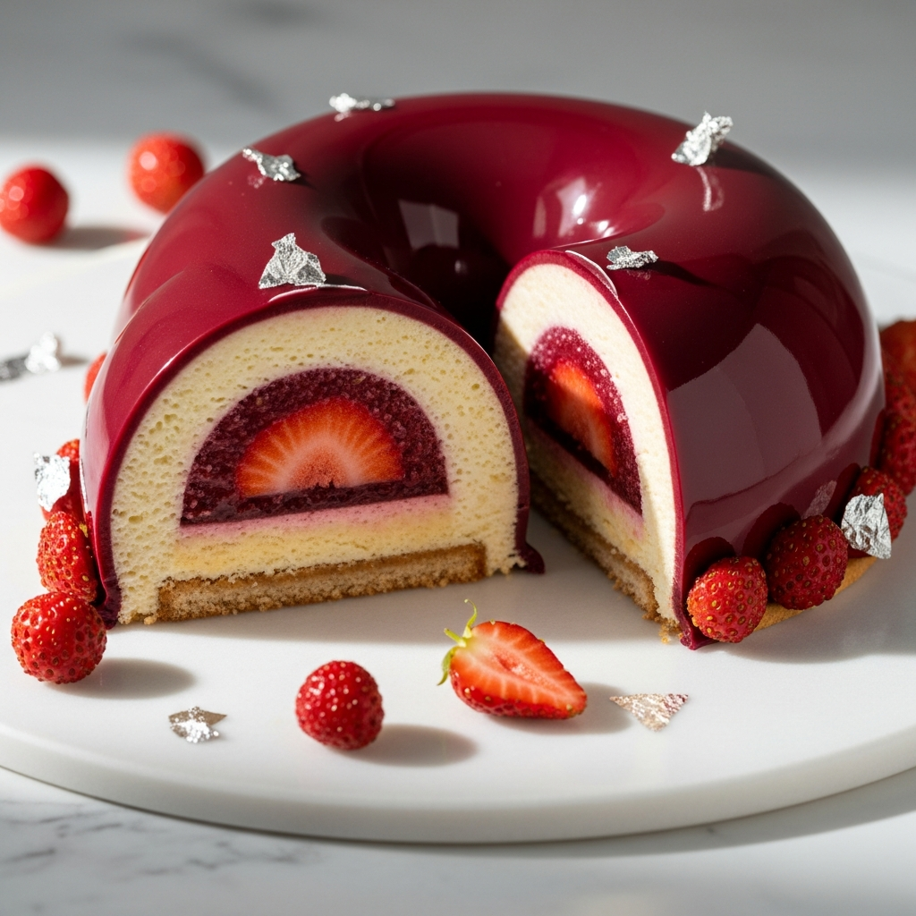 A modern entremet cake with a perfect mirror glaze in deep burgundy, sliced to reveal a fraise des bois compote center and vanilla chantilly, set on marble, natural light, contemporary patisserie photography, elegant and precise