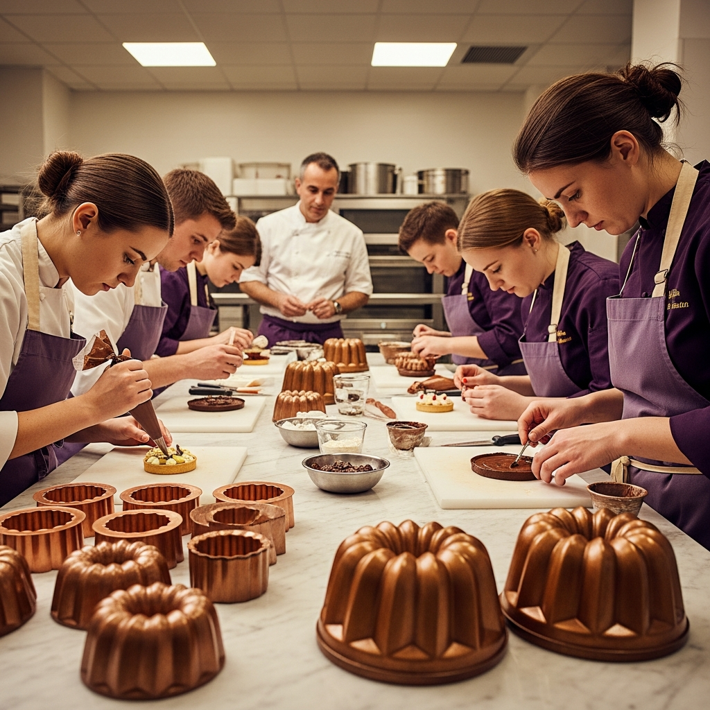 Young pastry chefs training at a professional pastry school, marble benches, copper molds, a sense of rigorous learning and craftsmanship, warm editorial lighting, documentary photography, aubergine and cream tones