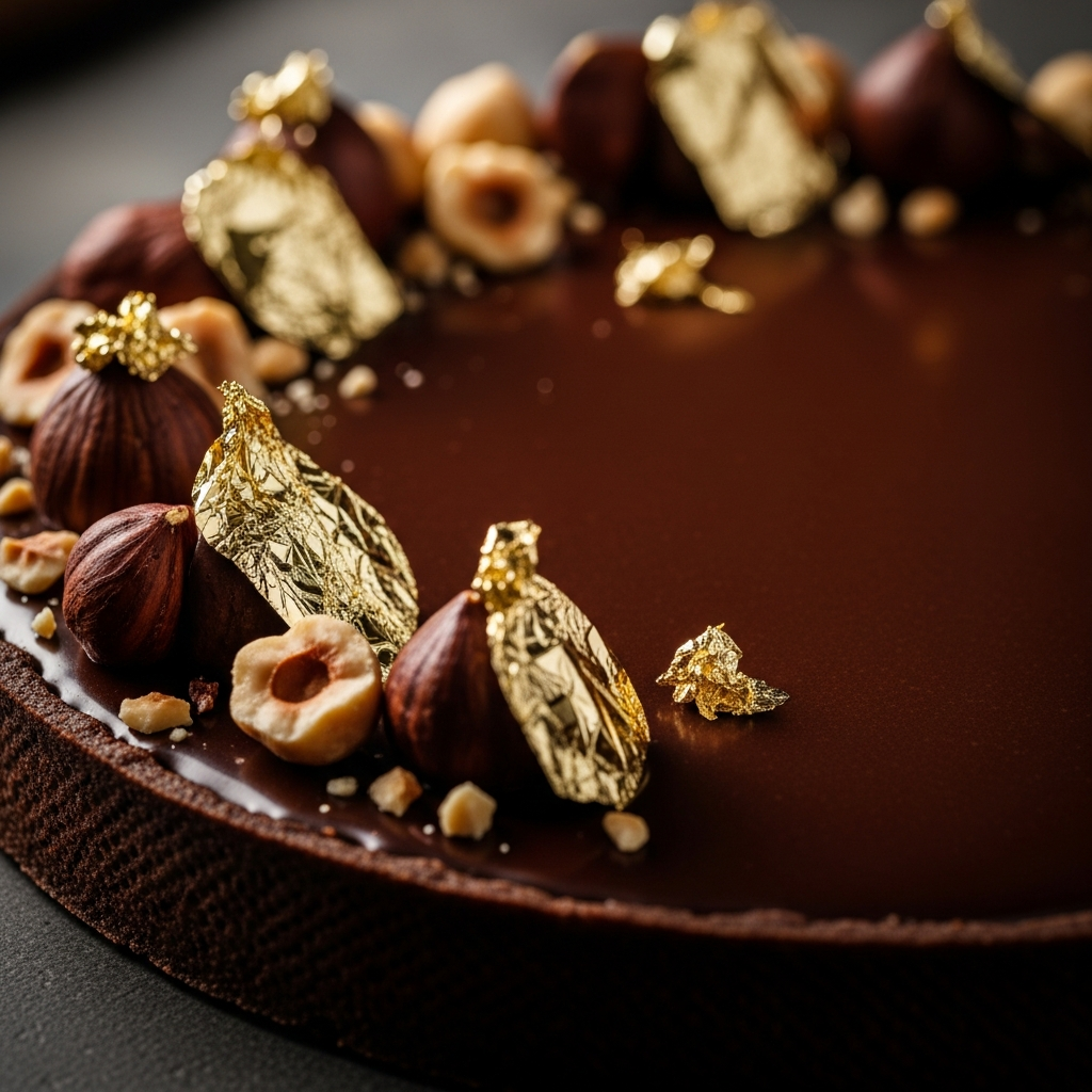 A dark chocolate tart with a glossy ganache surface, thin gold leaf accents, toasted hazelnuts arranged with precision, deep brown and gold tones, dramatic side lighting, luxury food photography