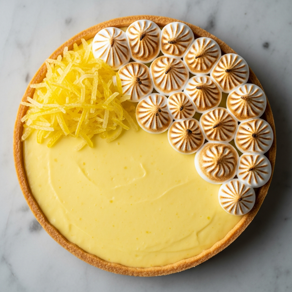 A perfect tarte au citron from above, golden pastry shell, smooth lemon cream with a precise brunoise of candied zest, topped with delicate Italian meringue peaks gently torched, marble surface, editorial overhead photography, creamy yellows and gold