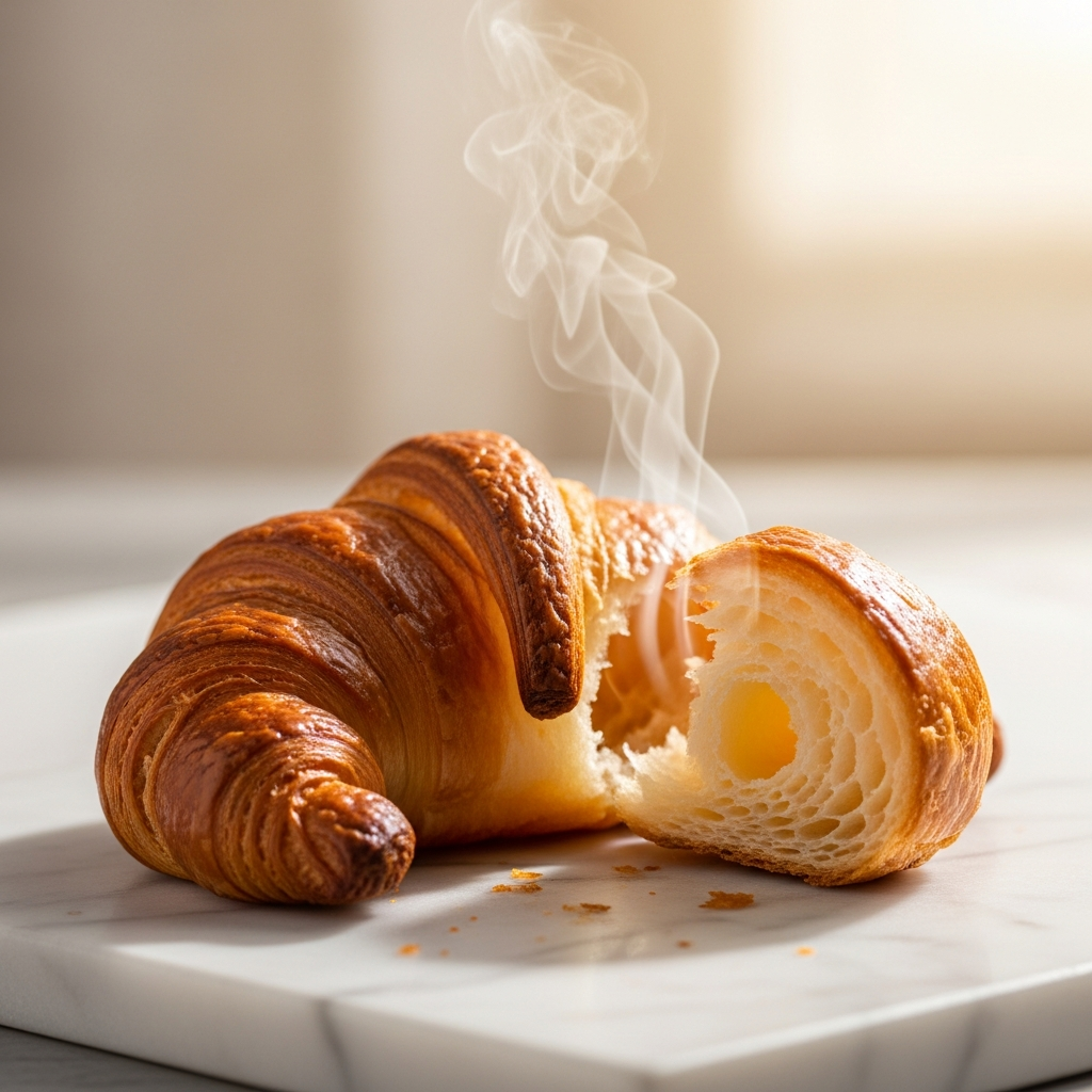 Close-up of a beautifully crafted French pastry on a cream marble surface, soft morning light, aubergine and gold tones, editorial food photography style, warm and intimate, croissant layers detail